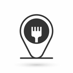 Grey Cafe and restaurant location icon isolated on white background. Fork eatery sign inside pinpoint. Vector.