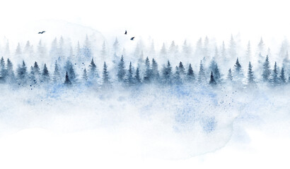 Seamless pattern with winter spruce forest. Watercolor painting isolated on white background. - 456344103