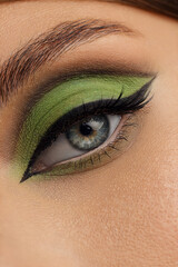 Creative green eye makeup with arrow. Beautiful macro shot of female eye make-up. Blue eye. Creative make-up. Perfect shape make-up and long lashes. Cosmetics. Beautiful eyes make-up. Close-up