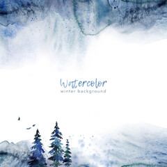 Watercolor hand painted background with pine trees and wet stains. Winter landscape. Border for greeting cards isolated on white background