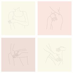 Sketch set of a woman body. Vector illustration where women touching her body appying cosmetic product.  