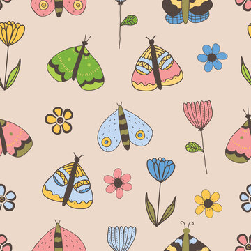 Vector seamless pattern with butterflies, flowers on beige background. For wallpapers, decoration, invitation baby shower, fabric, textile and linen, print clothes and pajamas, gift and wrapping paper