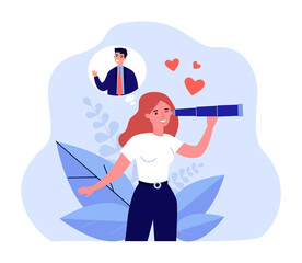 Cartoon girl looking for love flat vector illustration. Happy young woman seeking man, husband, relationship and family with spyglass. Love, search, relationship concept for design or landing page