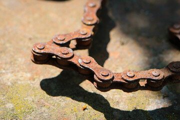 Rusty bicycle chain. Old bicycle chain with rust. bicycle parts unusable. Close-up. chain macro photo. background, place for text