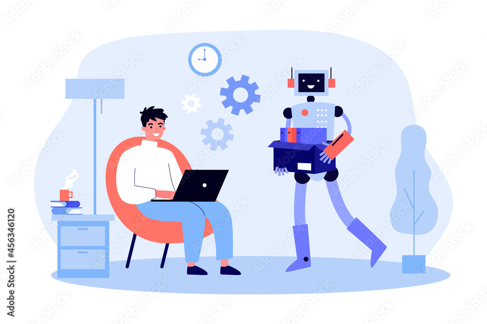 Wall mural robotic character carrying documents for man working at laptop. male character using mechanical assi