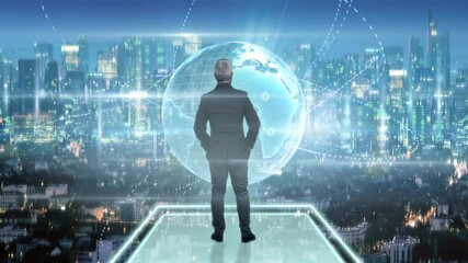 business man 3d cyberspace looking animated digital globe connections network,urban city background,successful businessman walking into abstract space overlooking world communication graphic animation - Powered by Adobe