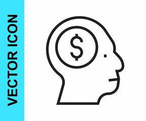 Black line Business man planning mind icon isolated on white background. Head with dollar. Idea to earn money. Business investment growth. Vector