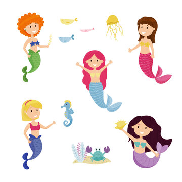 Big Marine set of vector illustration on the marine theme. Collection of sea animals in cartoon style. Tropical summer pictures. Sea life illustration