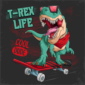 Cool T Rex dinosaur riding on red skateboard, funny dinosaur skateboarder dressed in sunglasses