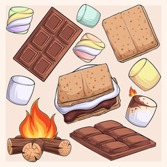 Hand drawn delicious s'more collection, marshmallows, cracker, chocolate barre and fire, s'more design elements