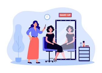 Fototapeta na wymiar Female cartoon celebrity sitting in makeup artist chair. Beautiful actress in dress in front of retro mirror, stylist with brush flat vector illustration. Beauty salon or service, cosmetics concept