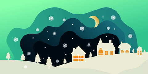 Vector image postcard merry christmas. Winter night landscape. Houses in the snow, Christmas trees in the snow.
