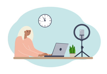 Illustration of a female blogger at the table with a laptop. Online filming of a training course or blog