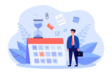 Young businessman planning work schedule. Flat vector illustration. Tiny man standing next to giant calendar full of tasks, goals and events. Planning, business, schedule concept for banner design