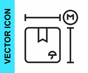 Black line Carton cardboard box measurement icon isolated on white background. Box, package, parcel sign. Delivery and packaging. Vector