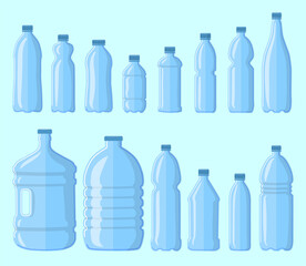 Set of plastic bottles for water. Cartoon vector illustration. Collection of bottles of different size and shape isolated on blue background. Consumption, liter, packaging concept for banner design