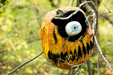 Carved Halloween pumpkins with scary faces, New York City.