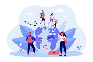 Happy hiking family walking on globe. Father, mother and children on trip, female backpacker hitchhiking flat vector illustration. Camping, nature, adventure concept for banner or landing web page