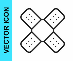 Black line Crossed bandage plaster icon isolated on white background. Medical plaster, adhesive bandage, flexible fabric bandage. Vector