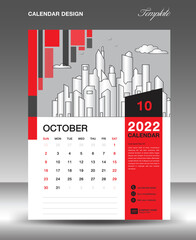 Calendar 2022 design template, October  layout, calendar date, Desk calendar template, Wall calendar 2022 year, Planner, week starts on sunday, printing media, Red square shape background, vector