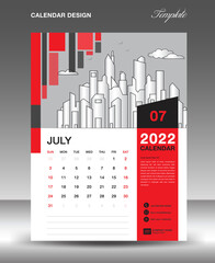 Calendar 2022 design template, July layout, calendar date, Desk calendar template, Wall calendar 2022 year, Planner, week starts on sunday, printing media, Red square shape background, vector