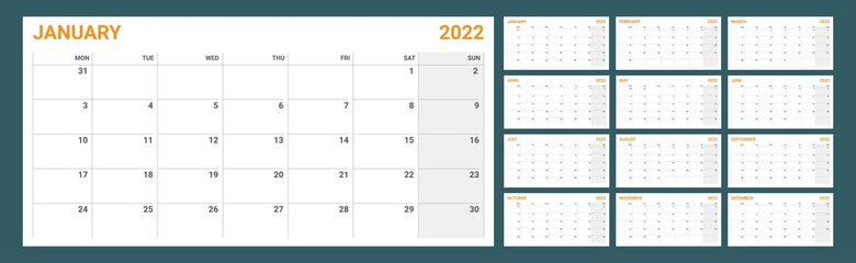 2022 year Calendar template. Planner diary in a minimalism style. Corporate and business calendar. Organizer. Monthly calendar. Daily planner.	