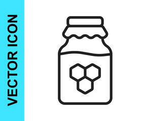 Black line Jar of honey icon isolated on white background. Food bank. Sweet natural food symbol. Vector