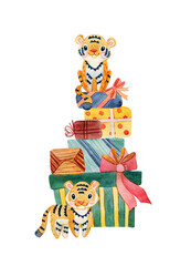 Pile of presents with two cute tigers. Funny watercolor Cristmas illustration. Postcard template.