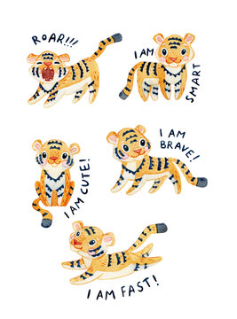 Cute hand drawn watercolor baby tigers set with kids motivation lettering
