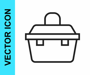 Black line Case or box container for wobbler and gear fishing equipment icon isolated on white background. Fishing tackle. Vector