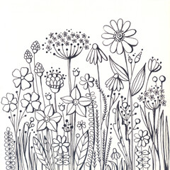 Coloring book with decorative wildflowers and herbs. Hand drawn sketch flowers - 456352593