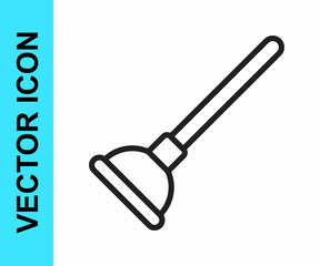 Black line Rubber plunger with wooden handle for pipe cleaning icon isolated on white background. Toilet plunger. Vector