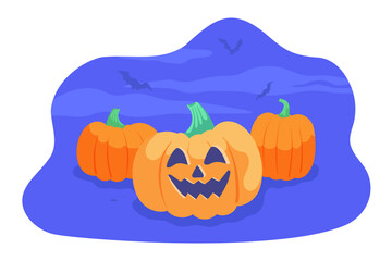 Orange pumpkins with carving smile, face, on night background. Happy Halloween holiday. Cartoon vector illustration. Dark blue background.