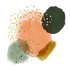 Hand drawn art with watercolour brush stroke and gold texture smudges, earth tones, pastel colours, random dots, golden elements, square format