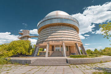Old Soviet observatory in the city of Byurakan, Armenia. Located high in mountains at the ancient volcano Aragats - obrazy, fototapety, plakaty