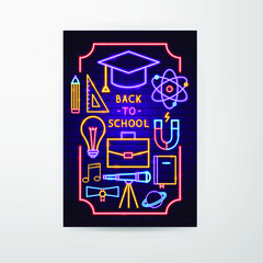 Back to School Neon Flyer. Vector Illustration of Education Promotion.