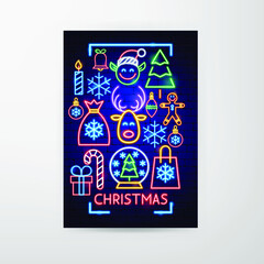 Christmas Neon Flyer. Vector Illustration of New Year Promotion.