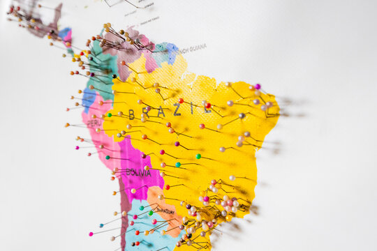 Map Of Brazil And South America With Many Needles Symbolizing New Outbreaks Of New Strains Of Coronavirus And Covid.