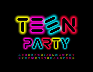 Vector event flyer Teen Party. Futuristic glowing Font. Neon bright Alphabet Letters and Numbers set