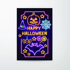 Happy Halloween Neon Flyer. Vector Illustration of Scary Party Promotion.