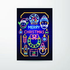 Merry Christmas Neon Flyer. Vector Illustration of Happy New Year Promotion.