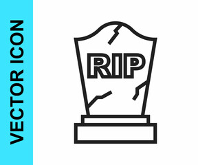 Black line Tombstone with RIP written on it icon isolated on white background. Grave icon. Happy Halloween party. Vector