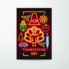 Thanksgiving Day Neon Flyer. Vector Illustration of Autumn Harvest Promotion.