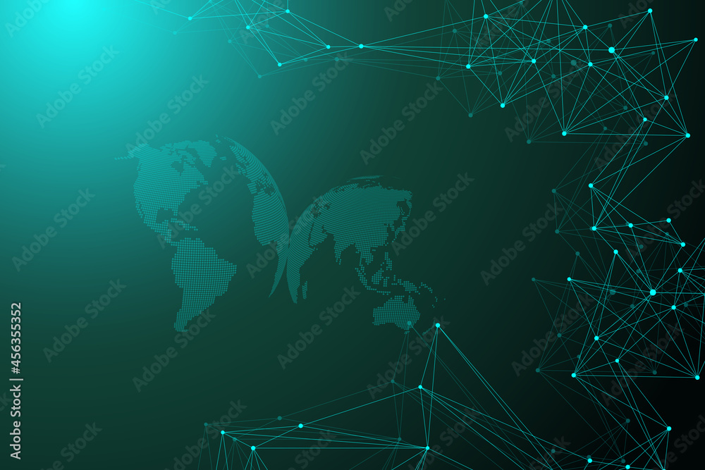Poster Geometric graphic background molecule and communication. Big data complex with compounds. Lines plexus, minimal array. Digital data visualization. Scientific cybernetic illustration.