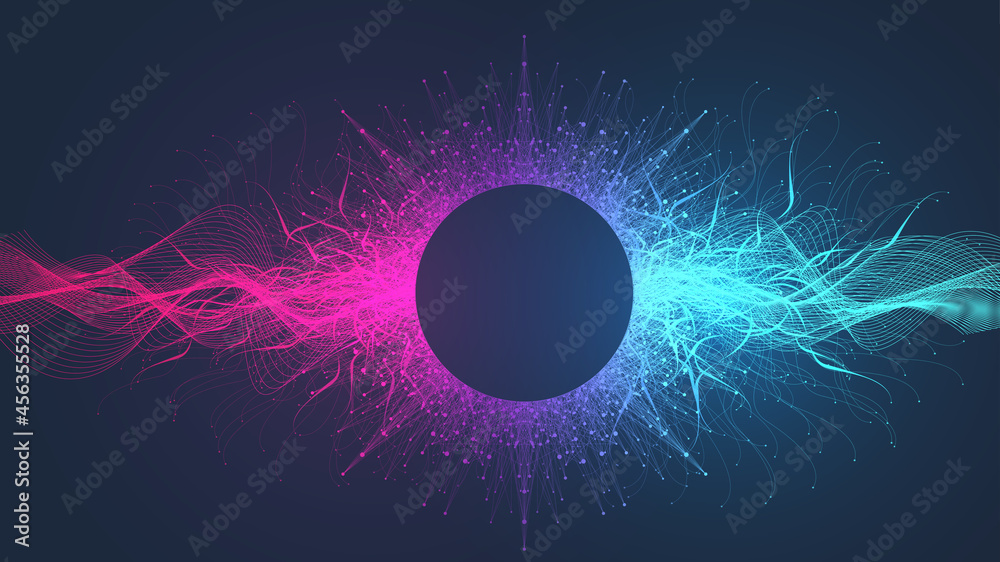 Leinwandbilder Quantum computer technology banner design template concept. Deep learning artificial intelligence. Big data algorithms visualization for business, science, technology. Waves flow, illustration.