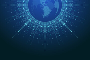 World map point with global technology networking concept. Digital data visualization. Lines plexus. Big Data background communication. Scientific illustration.