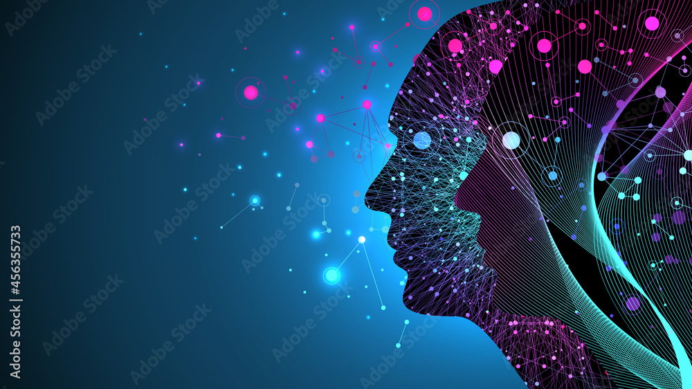 Aufkleber Artificial intelligence with Digital Brain, Neural Networks and Learning Processing Big Data, Machine Learning concept. Binary data flow on blue background, illustration.