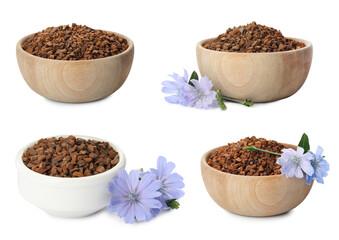 Set with chicory granules in bowls on white background