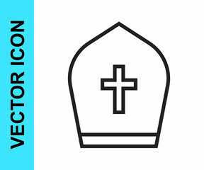 Obraz premium Black line Pope hat icon isolated on white background. Christian hat sign. Vector
