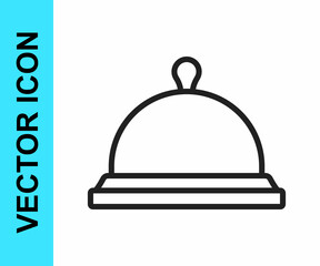Black line Covered with a tray of food icon isolated on white background. Tray and lid sign. Restaurant cloche with lid. Vector